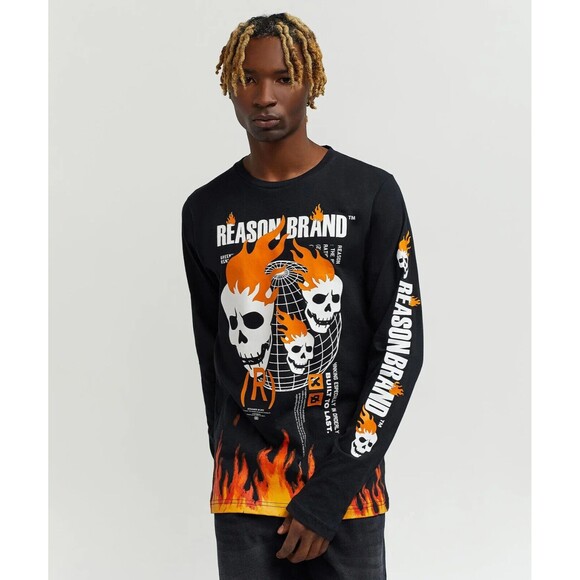 Reason T-Shirt Men’s Large Gray (Black Heather) Flaming Skulls Long Sleeve - Picture 8 of 9